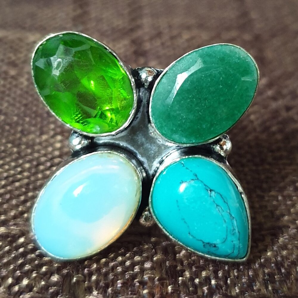 Bold Vintage Sterling Silver Multi-Gemstone Floral Cluster Statement Ring